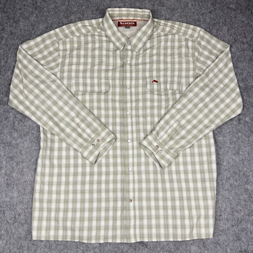 Simms Shirt Mens XXL 2XL Green Pearl Snap Performance Vented Fishing Long Sleeve